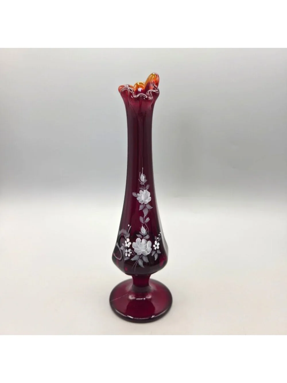 Fenton Ruby Red Swung Bud Vase Vesper Roses Hand Painted Signed E Thomas UV 8